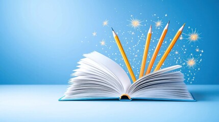 Open book with pencils and glowing stars on blue backdrop