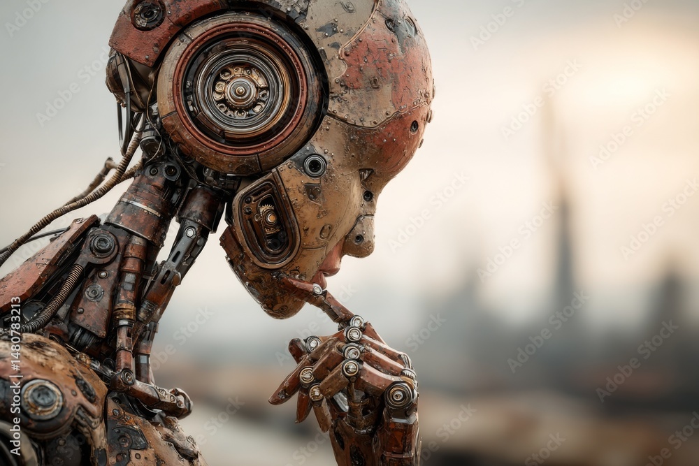 Poster robot in thoughtful pose depicted in rusty metallic finish