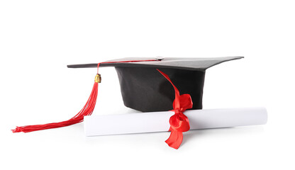 Diploma and mortar board on white background