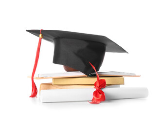 Diploma with books and mortar board on white background
