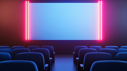 An empty movie theater screen glows bright blue framed with pink neon light above blue seats.