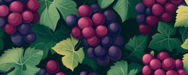 Illustration of Purple Grapes with Green Leaves on Dark Backdrop, Fruit ,Food