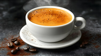 Fototapeta premium Steaming Espresso in White Cup on Dark Background