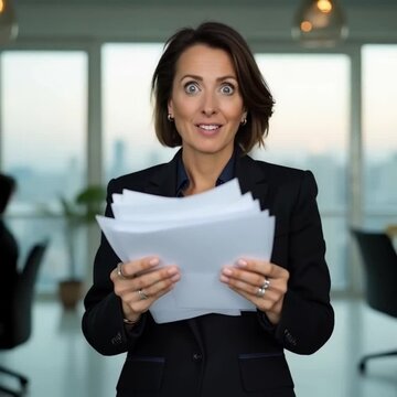 4K High Resolution Woman in Professional Suit Holding Stack of Documents or Folders