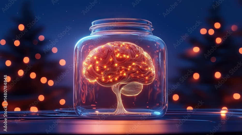 Poster brain encased in a jar with christmas trees behind