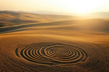 Naklejka premium Aerial view of a spiral crop circle in a golden wheat field at sunset, showcasing the beauty of nature and human intervention.