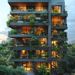 Modern Residential High-Rise Building with Lush Greenery Balconies