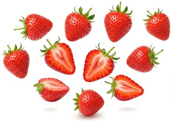 A group of fresh strawberries including whole and halved berries are isolated on white