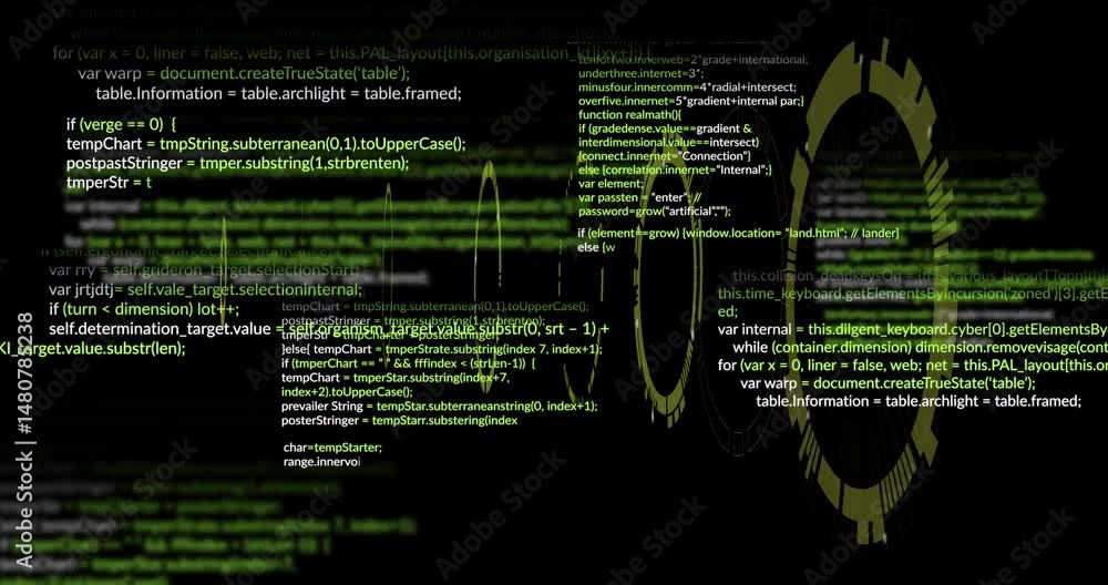Poster Translucent yellow gears floating and rotating across green JavaScript code, animated flat design