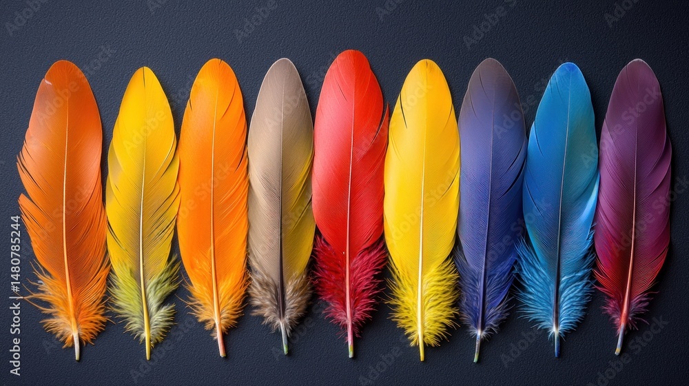 Poster vibrant colored feathers arranged in a row against a dark background