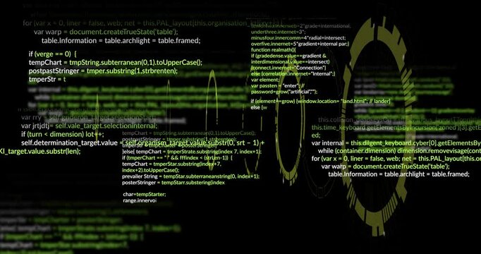 Translucent yellow gears floating and rotating across green JavaScript code, animated flat design
