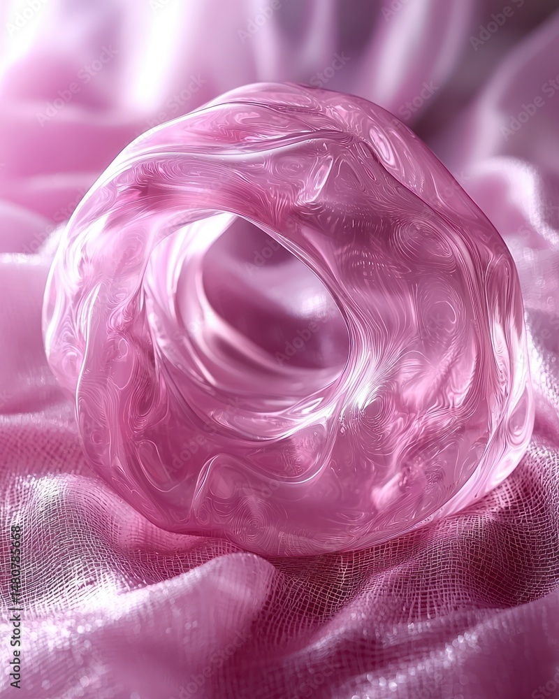 Poster pink translucent object with swirling pattern rests on silky fabric. intricate design, smooth surfac