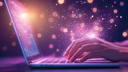Hands type on a laptop with magical glowing effects
