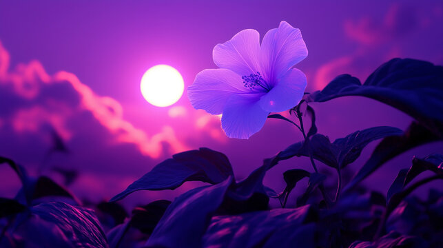 A glowing moonflower blooming under a surreal purple sky