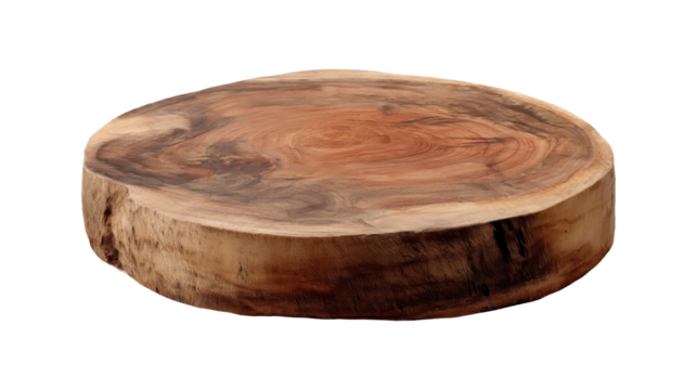 Wooden serving board featuring smooth, polished tree trunk cross section, isolated on  transparent background, PNG