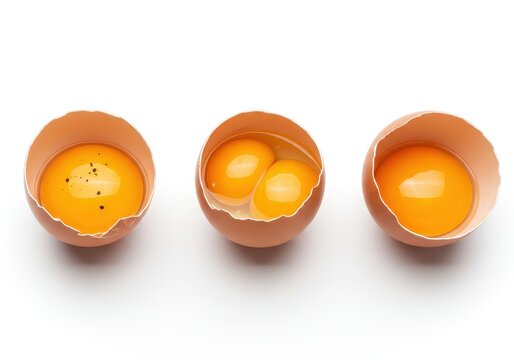 Three cracked eggs with bright yellow yolks, one showing a rare double yolk on a white surface