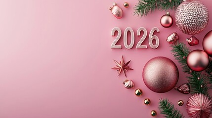 Rose gold new year 2026 decorations on pink background