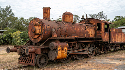 Naklejka premium An old rusty steam locomotive stands abandoned in a field under an overcast sky outdoors.