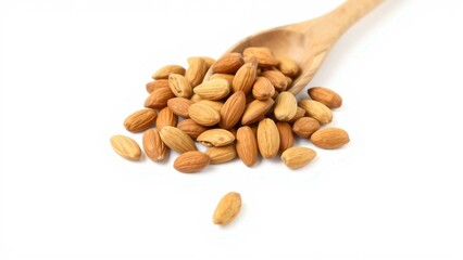 Frische, ungesch&auml;lte Mandeln in einem Holzl&ouml;ffel auf wei&szlig;em Hintergrund &ndash; ideal f&uuml;r Food-Design und gesunde Ern&auml;hrung.