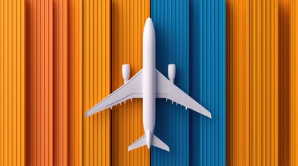 A white toy airplane sits on orange and blue stripes