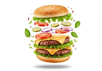 Exploded view of a double cheeseburger with fresh ingredients floating on a white backdrop