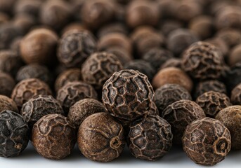 A close up shows a pile of dried black peppercorns used as a spice and seasoning