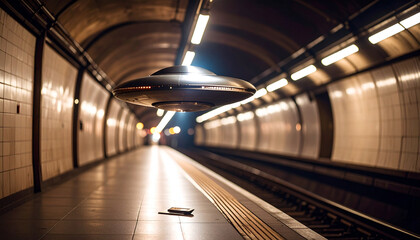 Fototapeta premium Alien ship floating above a subway tunnel. World UFO Day concept. Generated Image