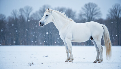 White horse standing in snow during winter with falling snowflakes  
