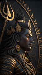 Obraz premium serene shiva statue with parvati in background, intricate gold carvings on black stone Wallpaper