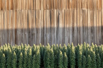 Rows of tall, green plants stand against a weathered wooden wall, creating a contrasting textured backdrop in natural light.