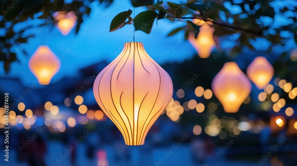 Aufkleber Illuminated lanterns hang from a tree branch in the evening