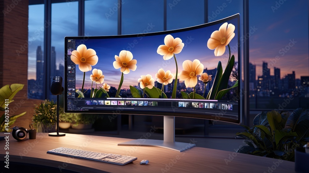 Poster Curved computer monitor displaying floral image sits on a desk