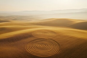 Naklejka premium Aerial view of two concentric circles in a golden wheat field, creating a mesmerizing pattern against a hazy landscape.