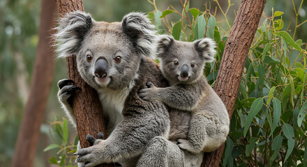Fototapeta premium The Enchanting Duo A Mother Koala and Her Cub Embracing in the Lush Canopy of an Australian Eucalyptus Forest Depicting Maternal