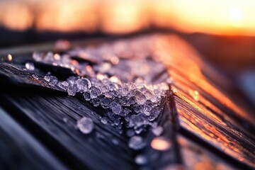 Close-up of ice pellets on dark wooden surface at sunset, showcasing glistening texture and warm light.