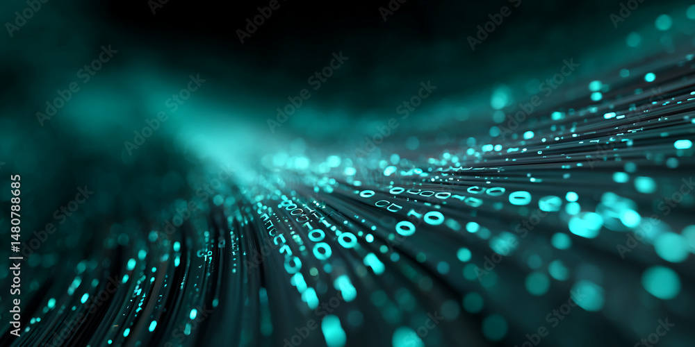 Poster abstract teal data stream, glowing binary code lines flowing, representing digital technology, innov