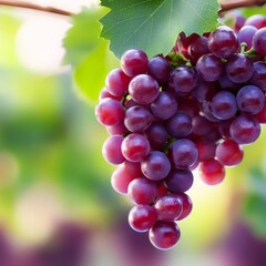 Fototapeta premium Ripe Red Grapes Bunch on Vine with Lush Green Leaf, healthy food , fruit