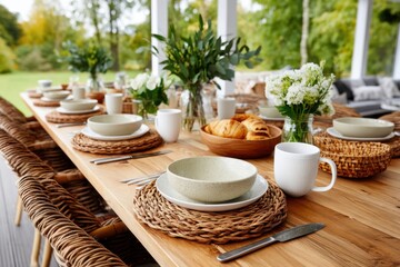 Fototapeta premium Elegant outdoor dining setup with rustic details and fresh flowers on a sunny day