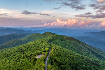 Car road trip on Blue Ridge Parkway in North Carolina Appalachian mountains. Observation Mount...