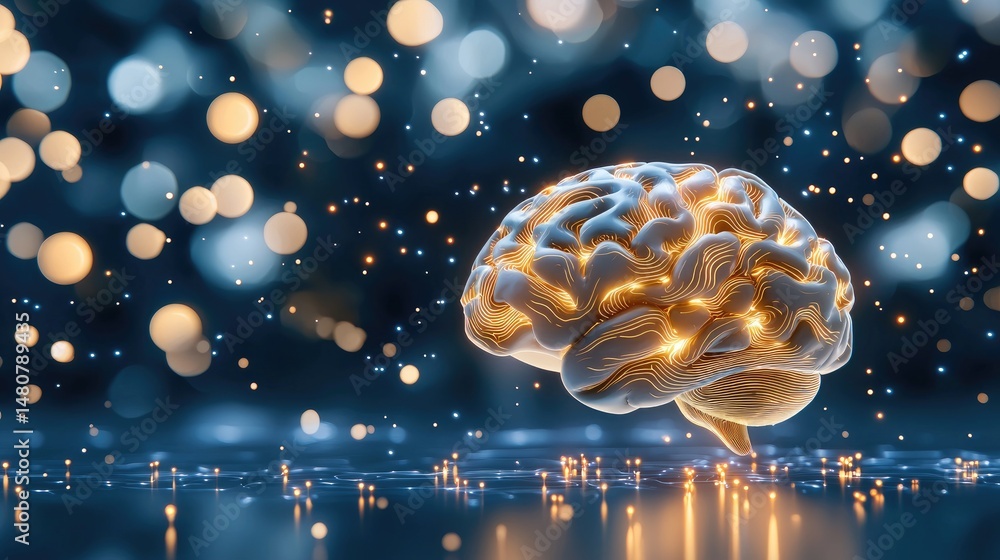 Poster an illuminated human brain on a technological surface