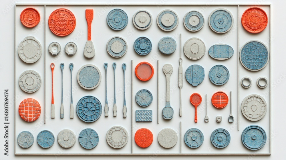 Poster organized assortment of various small, geometric shapes in a grid pattern