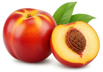 Close up of a whole and halved nectarine with leaves on a white background