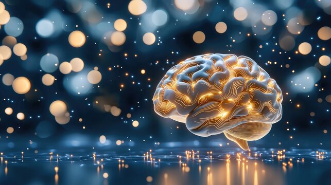 An illuminated human brain on a technological surface