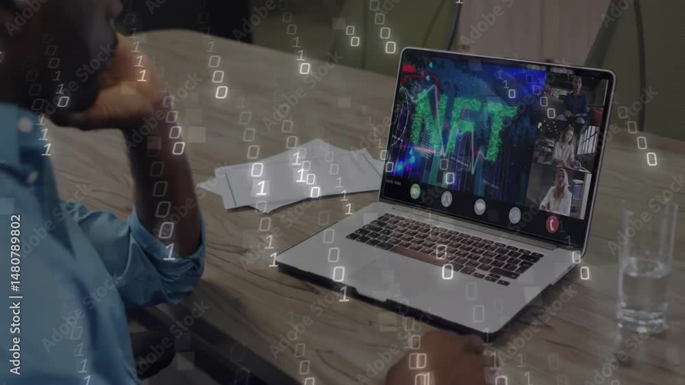 Poster man hosting tech conference call on laptop at table, with binary streams overlaying screen
