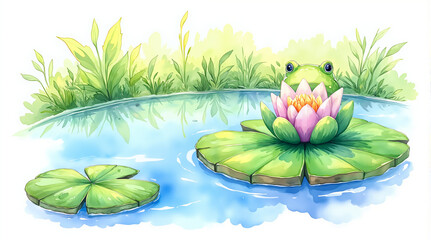 Frog sitting on lily pad with blooming lotus in serene pond  