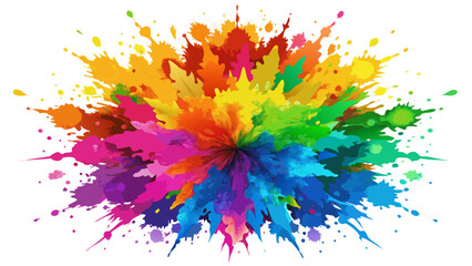 A vibrant explosion of Holi powder bursts into the air, creating a rainbow of colors suspended against a pure white background. Each particle dances in joyful celebration.

