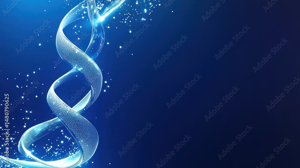 Poster blue dna structure with glowing particles against dark backdrop