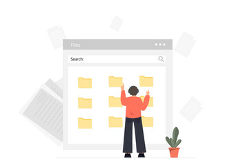 Person searching information, file management, arranging documents, flat vector illustration