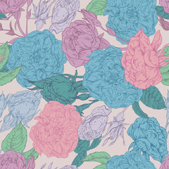 Obraz premium Hand Drawn Rose Floral Line Art Seamless Pattern, Vintage Roses Texture