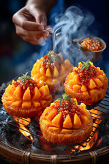 Vendor ladles warm coconut cream over vibrant mango sticky rice in photorealistic depiction. Night market alive with glowing paper lanterns creating a warm atmosphere